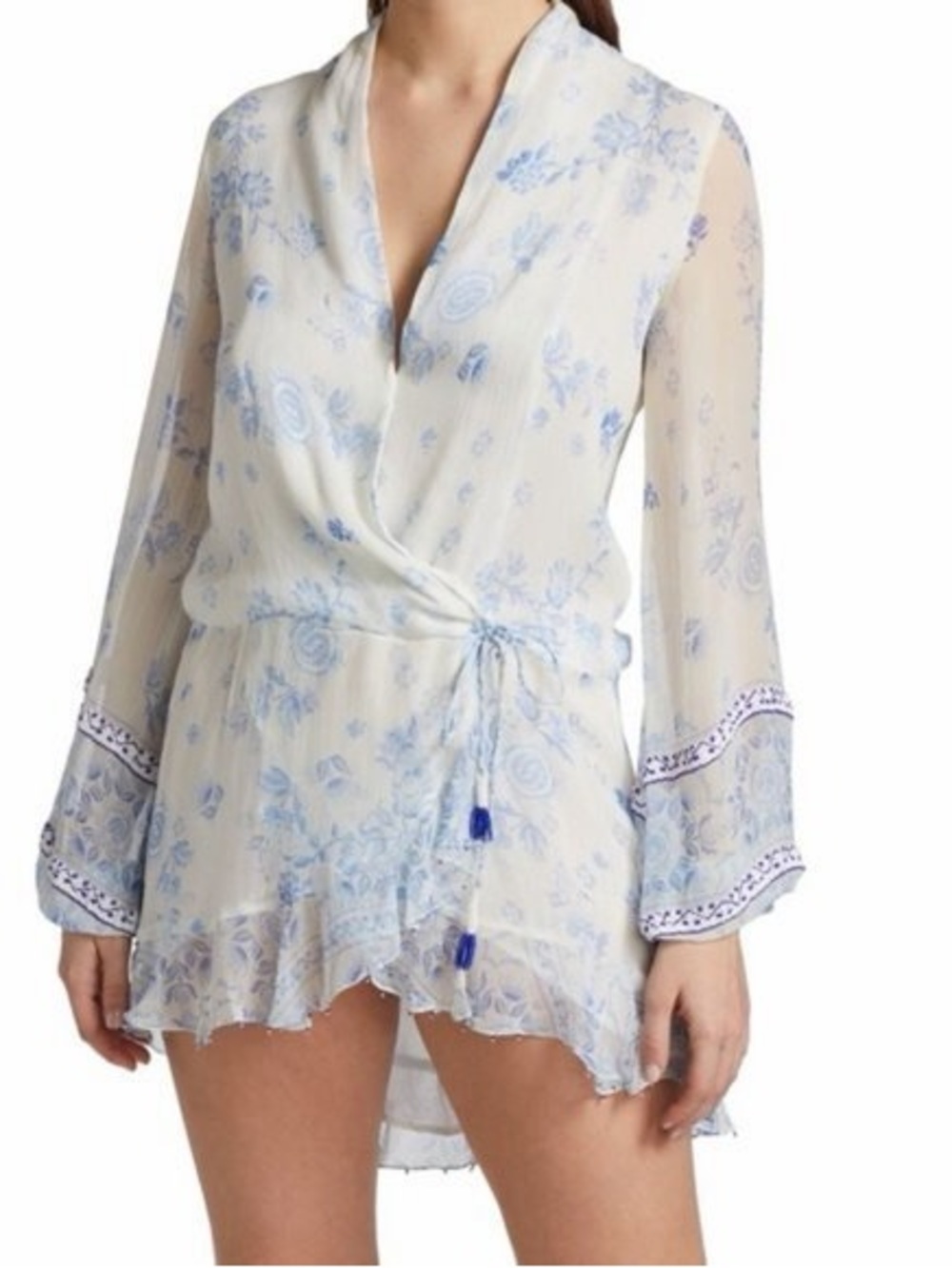 Rococo Sand Dress Leas Blue Paisley Sheer Long Sleeve Beaded White XS